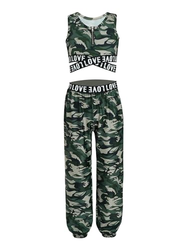 iiniim Mädchen Sport Kleidung Set Jogginganzug Schmetterling Druck Crop Top Oberteile mit Fitness Hose Jogger Tanz Yoga Training F Camouflage Grün 134-140 von iiniim