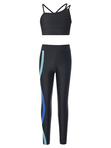 iiniim Mädchen Sport Kleidung Set Jogginganzug Farbblock Sport BH Crop Top Oberteile mit Fitness Hose Jogger Tanz Yoga Training Gr.110-176 B Schwarz&Blau 158-164 von iiniim