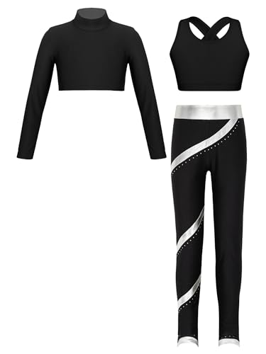 iiniim Mädchen Sport Kleidung Set Jogginganzug Schmetterling Druck Crop Top Oberteile mit Fitness Hose Jogger Tanz Yoga Training K Schwarz&Silber 158-164 von iiniim