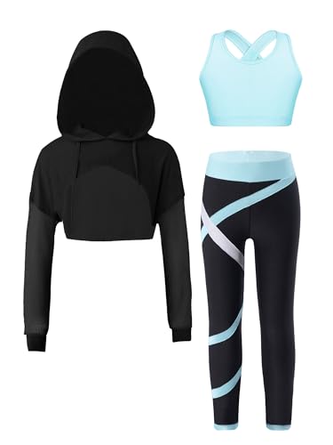 iiniim Mädchen Sportanzug Trainingsanzug Sweatshirt Sport Crop Top Oberteile mit Leggings Jogginganzug Gym Tanz Yoga Training Kb Hellblau 158-164 von iiniim