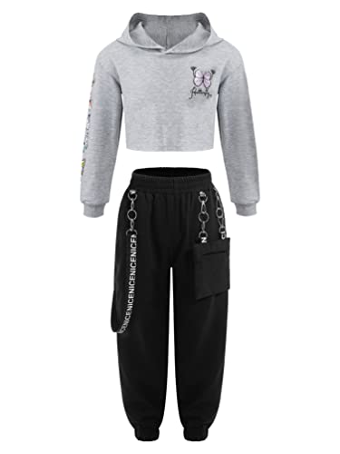 iiniim Mädchen Sport Kleidung Set Schmetterling Druck Sweatshirt + Cargohose Jogginganzug Sportanzug Street Dance Hip Hop Kleidung Grau 170-176 von iiniim
