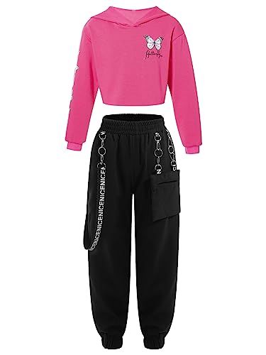 iiniim Mädchen Sport Kleidung Set Schmetterling Druck Sweatshirt + Cargohose Jogginganzug Sportanzug Street Dance Hip Hop Kleidung Rose 146-152 von iiniim