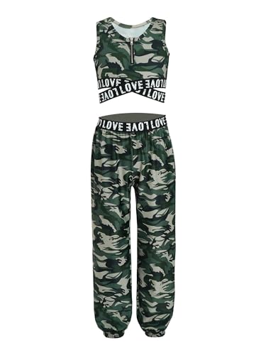 iiniim Mädchen Sport Set Jogginganzug Sport BH Crop Top Oberteile mit Sport Hose Jogger Tanz Yoga Gym Trainingsanzug Camouflage Grün 134-140 von iiniim