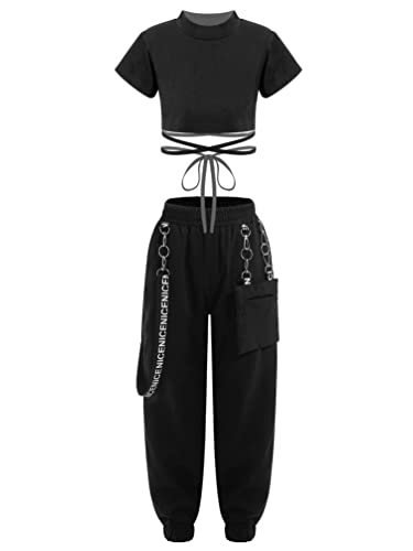 iiniim Mädchen Sport Set Kurzarm T-Shirt Crop Tops + Cargohose Kinder Sport Trikot Hip Hop Kleidung Street Dance Outfits Gr.110-176 Hu Schwarz 146-152 von iiniim