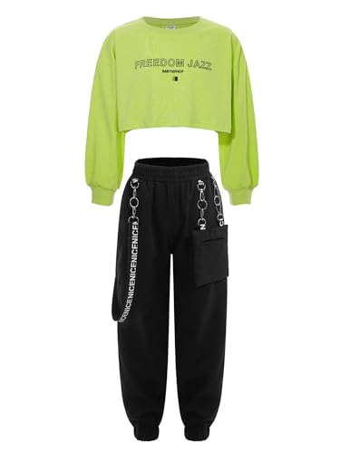 iiniim Mädchen Sport Set Langarmshirt Crop Tops + Sport BH Bustier + Cargohose Kinder Sport Trikot Hip Hop Kleidung Street Dance Outfits Gr.98-176 Bc Grün 158-164 von iiniim