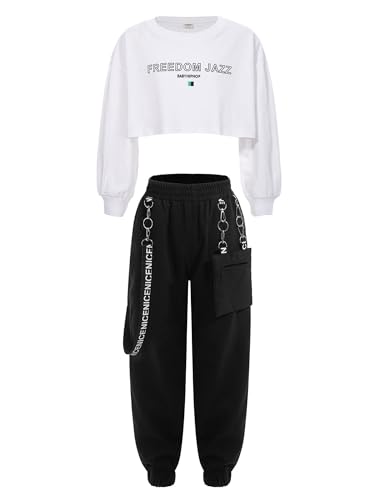 iiniim Mädchen Sport Set Langarmshirt Crop Tops + Sport BH Bustier + Cargohose Kinder Sport Trikot Hip Hop Kleidung Street Dance Outfits Gr.98-176 Bc Weiß 134-140 von iiniim