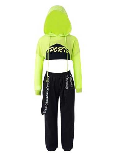 iiniim Mädchen Sport Set Langarmshirt Crop Tops + Sport BH Bustier + Cargohose Kinder Sport Trikot Hip Hop Kleidung Street Dance Outfits Gr.98-176 A Minzgrün A 122-128 von iiniim