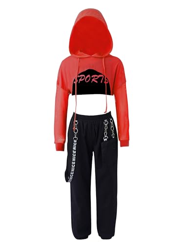 iiniim Mädchen Sport Set Langarmshirt Crop Tops + Sport BH Bustier + Cargohose Kinder Sport Trikot Hip Hop Kleidung Street Dance Outfits Gr.98-176 Aa Rot A 122-128 von iiniim