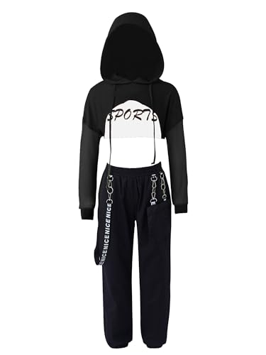 iiniim Mädchen Sport Set Langarmshirt Crop Tops + Sport BH Bustier + Cargohose Kinder Sport Trikot Hip Hop Kleidung Street Dance Outfits Gr.98-176 Aa Schwarz A 110-116 von iiniim