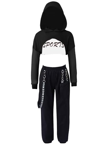 iiniim Mädchen Sport Set Langarmshirt Crop Tops + Sport BH Bustier + Cargohose Kinder Sport Trikot Hip Hop Kleidung Street Dance Outfits Gr.98-176 Aa Schwarz A 110-116 von iiniim