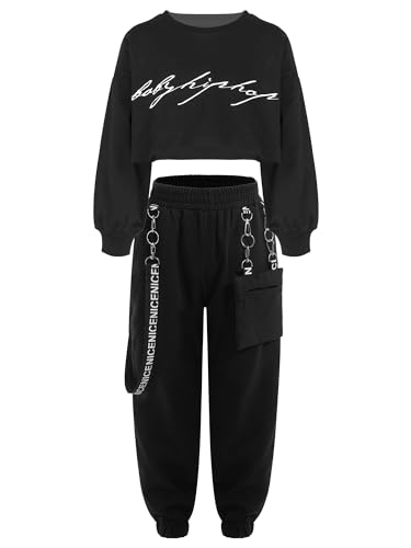 iiniim Mädchen Sport Set Langarmshirt Crop Tops + Sport BH Bustier + Cargohose Kinder Sport Trikot Hip Hop Kleidung Street Dance Outfits Gr.98-176 Ba Schwarz 146-152 von iiniim