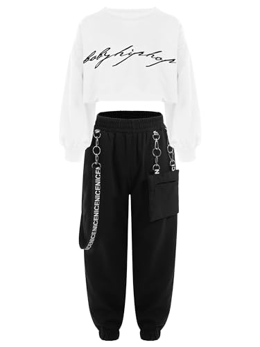 iiniim Mädchen Sport Set Langarmshirt Crop Tops + Sport BH Bustier + Cargohose Kinder Sport Trikot Hip Hop Kleidung Street Dance Outfits Gr.98-176 Ba Weiß 110-116 von iiniim