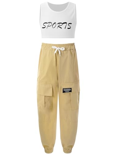 iiniim Mädchen Sport Set Sport BH Bustier Crop Tops + Cargohose Kinder Sport Trikot Hip Hop Kleidung Jazz Street Dance Outfits Gr.98-176 D Weiß&Beige 158-164 von iiniim