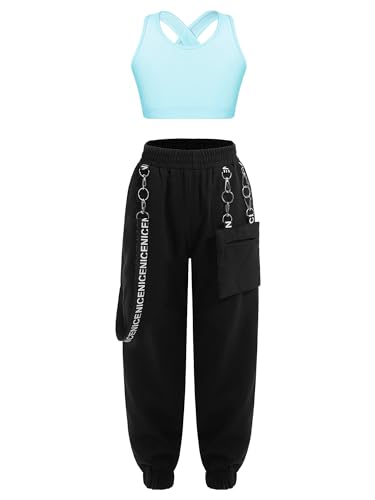 iiniim Mädchen Sport Set Sport BH Bustier Crop Tops + Cargohose Kinder Sport Trikot Hip Hop Kleidung Jazz Street Dance Outfits Gr.98-176 B Hellblau 134-140 von iiniim