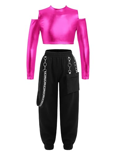 iiniim Mädchen Sport Set Langarmshirt Crop Tops + Sport BH Bustier + Cargohose Kinder Sport Trikot Hip Hop Kleidung Street Dance Outfits Gr.98-176 N Hot Pink A 134-140 von iiniim