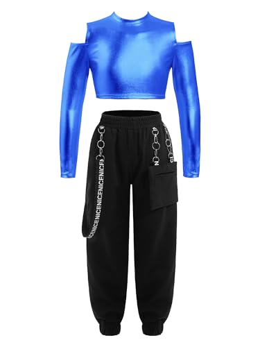 iiniim Mädchen Sport Set Langarmshirt Crop Tops + Sport BH Bustier + Cargohose Kinder Sport Trikot Hip Hop Kleidung Street Dance Outfits Gr.98-176 N Königsblau A 158-164 von iiniim