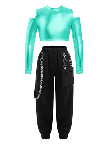 iiniim Mädchen Sport Set Langarmshirt Crop Tops + Sport BH Bustier + Cargohose Kinder Sport Trikot Hip Hop Kleidung Street Dance Outfits Gr.98-176 N See Grün A 134-140 von iiniim