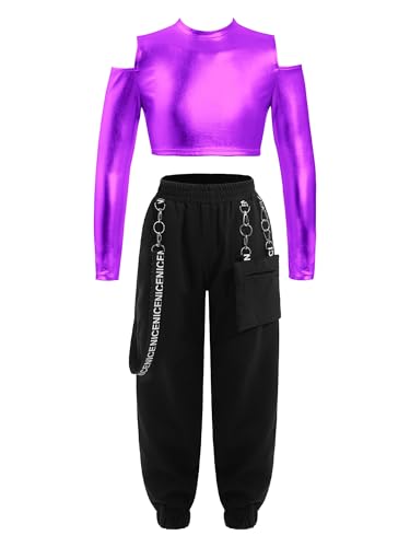 iiniim Mädchen Sport Set Langarmshirt Crop Tops + Sport BH Bustier + Cargohose Kinder Sport Trikot Hip Hop Kleidung Street Dance Outfits Gr.98-176 N Violett A 146-152 von iiniim