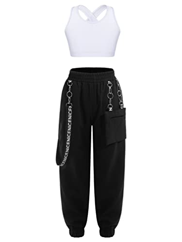 iiniim Mädchen Sport Set Sport BH Bustier Crop Tops + Cargohose Kinder Sport Trikot Hip Hop Kleidung Jazz Street Dance Outfits Gr.98-176 B Weiß 134-140 von iiniim