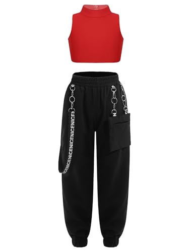 iiniim Mädchen Sport Set Sport BH Bustier Crop Tops + Cargohose Kinder Sport Trikot Hip Hop Kleidung Jazz Street Dance Outfits Gr.98-176 Dc Rot 158-164 von iiniim