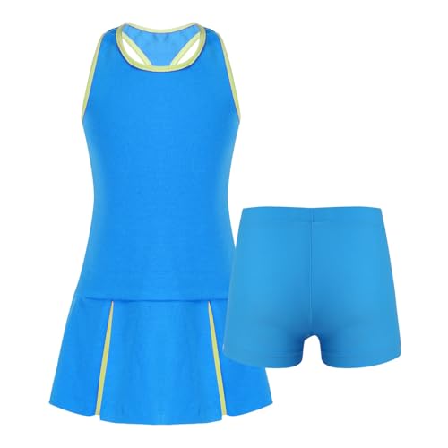 iiniim Mädchen Sport Set Tenniskleid Golf Tennis Sport Kleid + Shorts Tennis Trainingskleid Sport Tanzkleid Fitness Yoga Outfits Blau 128 von iiniim