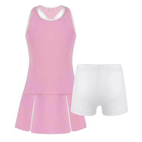 iiniim Mädchen Sport Set Tenniskleid Golf Tennis Sport Kleid + Shorts Tennis Trainingskleid Sport Tanzkleid Fitness Yoga Outfits Rosa 140 von iiniim