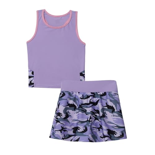 iiniim Mädchen Sport Set Tenniskleid Sport Trikot Ballett Tanzkleid Sport BH Crop Tops + Rock Skater Tennisrock Fitness Yoga Outfits B Camouflage Lila 128 von iiniim