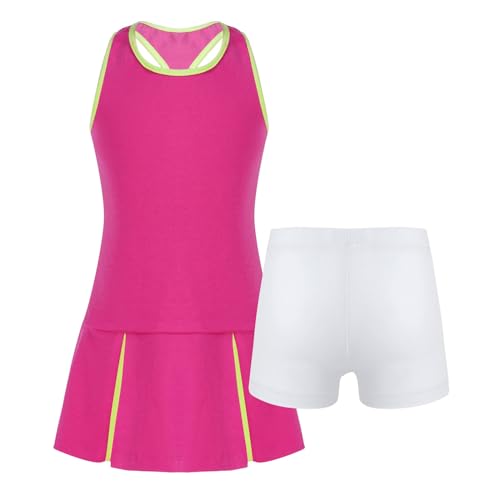 iiniim Mädchen Sport Set Tenniskleid Sport Trikot Ballett Tanzkleid Sport BH Crop Tops + Rock Skater Tennisrock Fitness Yoga Outfits F Rosenrot 140 von iiniim