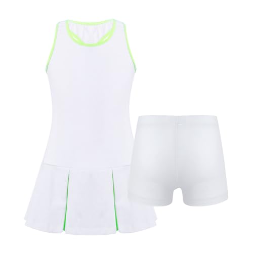 iiniim Mädchen Sport Set Tenniskleid Sport Trikot Ballett Tanzkleid Sport BH Crop Tops + Rock Skater Tennisrock Fitness Yoga Outfits F Weiß 128 von iiniim