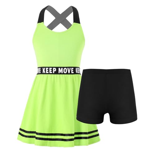 iiniim Mädchen Sport Set Tenniskleid Sport Trikot Ballett Tanzkleid Sport BH Crop Tops + Rock Skater Tennisrock Fitness Yoga Outfits G Leuchtendes Grün 140 von iiniim