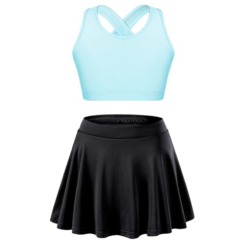 iiniim Mädchen Sport Set Tenniskleid Sport Trikot Ballett Tanzkleid Sport BH Crop Tops + Rock Skater Tennisrock Fitness Yoga Outfits I Hellblau&Schwarz 152 von iiniim