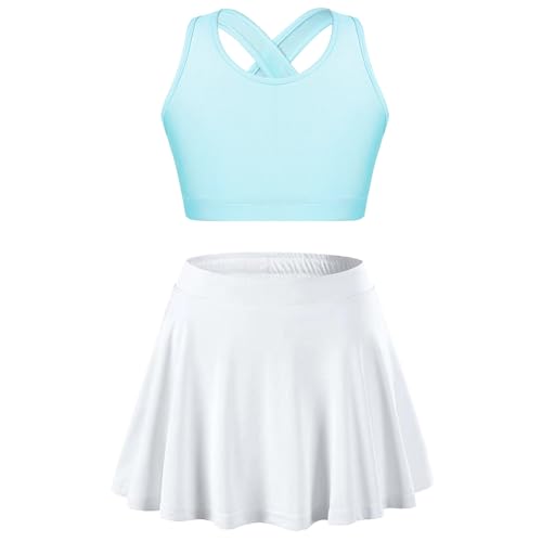 iiniim Mädchen Sport Set Tenniskleid Sport Trikot Ballett Tanzkleid Sport BH Crop Tops + Rock Skater Tennisrock Fitness Yoga Outfits I Hellblau&Weiß 140 von iiniim