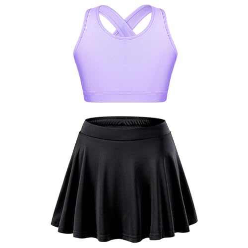 iiniim Mädchen Sport Set Tenniskleid Sport Trikot Ballett Tanzkleid Sport BH Crop Tops + Rock Skater Tennisrock Fitness Yoga Outfits I Lavendel&Schwarz 140 von iiniim