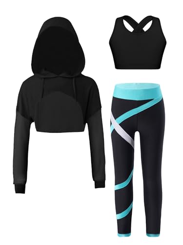 iiniim Mädchen Sportanzug Trainingsanzug Sweatshirt Sport Crop Top Oberteile mit Leggings Jogginganzug Gym Tanz Yoga Training Kb Blau Grün 146-152 von iiniim
