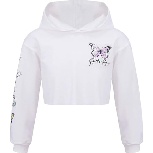 iiniim Mädchen Sweatshirt Schmetterling Hoodie Crop Tops Langarmshirt Kapuzenpullover Kinder Sport Sweater Top Oberteile Gr.98-176 A Weiß 158-164 von iiniim