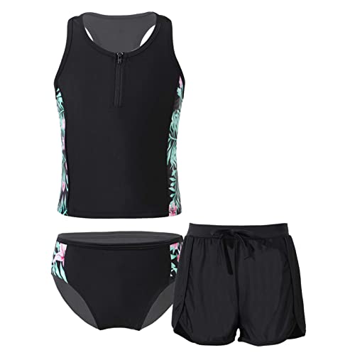 iiniim Mädchen Tankini Bikini Bademode Blumen Druck 3tlg.Badeshirt+Bikini Slips+Badeshorts Kinder Sommer Badeanzug Schwimmanzug Gr.104-176 Ab Schwarz 152 von iiniim