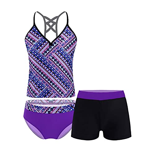 iiniim Mädchen Tankini Bikini Bademode Blumen Druck 3tlg.Badeshirt+Bikini Slips+Badeshorts Kinder Sommer Badeanzug Schwimmanzug Gr.104-176 Q Lila Q 152 von iiniim