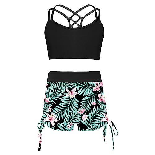 iiniim Mädchen Tankini Bikini Set Tank Top+Shorts Zweiteiler Badeanzug Bikini Bademode Kinder Trainingsanzug Sport Set Gr.98-176 C Schwarz A 158-164 von iiniim