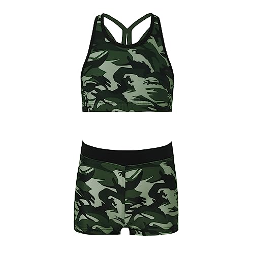 iiniim Mädchen Tankini Set Tank Top+Shorts Zweiteiler Badeanzug Bikini Bademode Kinder Sport Trikot Ballett Tanzkleidung Sport Set Gr.98-176 A Camouflage Grün 158-164 von iiniim