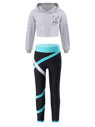 iiniim Mädchen Trainingsanzug Sport Set Schmetterling Druck Sweatshirt Crop Tops + Hose Leggings Jogginganzug Fitness Jazz Hip Hop Kleidung Streetwear Grau&Grün 134-140 von iiniim
