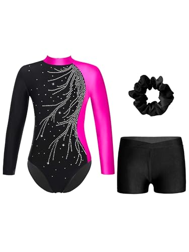 iiniim Mädchen Turnanzug Glitzer Gymnastikanzug mit Shorts Haarband Trikotanzug Langarm Gymnastik Leotard Wettbewerb Tanzkostüm Rosa&Schwarz 134-140 von iiniim