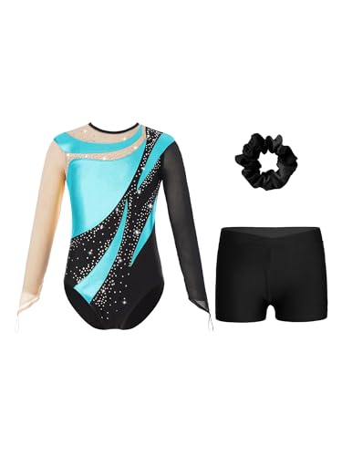 iiniim Mädchen Turnanzug Glitzer Gymnastikanzug mit Shorts Haarband Trikotanzug Langarm Gymnastik Leotard Wettbewerb Tanzkostüm C Blau See 134-140 von iiniim