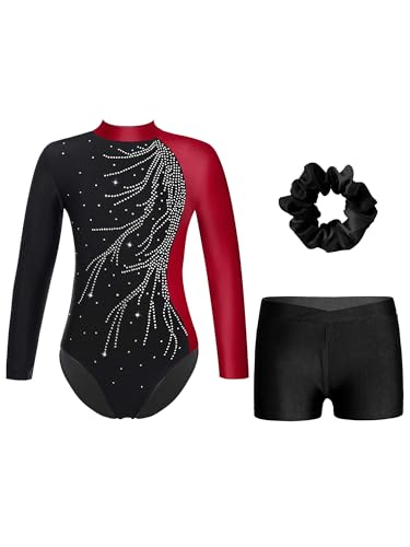 iiniim Mädchen Turnanzug Glitzer Gymnastikanzug mit Shorts Haarband Trikotanzug Langarm Gymnastik Leotard Wettbewerb Tanzkostüm Weinrot&Schwarz 146-152 von iiniim