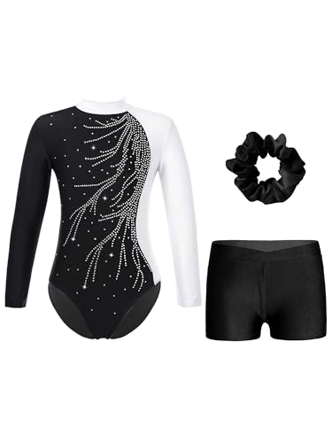 iiniim Mädchen Turnanzug Glitzer Gymnastikanzug mit Shorts Haarband Trikotanzug Langarm Gymnastik Leotard Wettbewerb Tanzkostüm A Weiß&Schwarz A 170-176 von iiniim