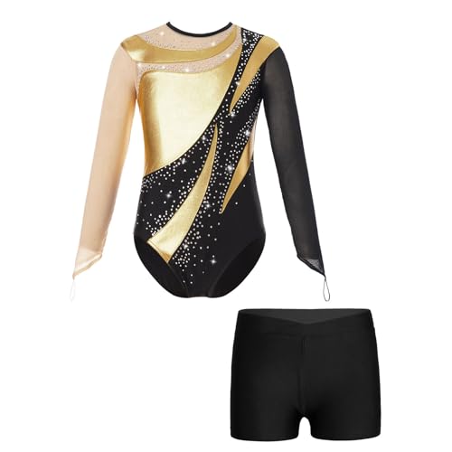 iiniim Mädchen Turnanzug Glitzer Gymnastikanzug Patchwork Ballettanzug mit Shorts Langarm Gymnastik Leotard Ballett Trikotanzug Wettbewerb Tanzkostüm Gold&Schwarz 146-152 von iiniim