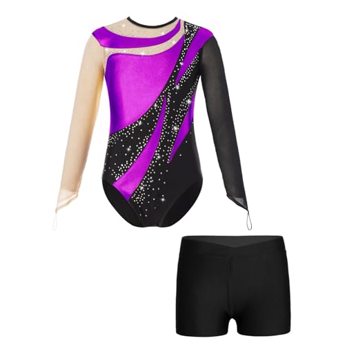 iiniim Mädchen Turnanzug Glitzer Langarm Ballettanzug Patchwork Gymnastik Leotard Tanzbody mit Shorts Ballett Trikot Wettbewerb Tanzkostüm B Lila&Schwarz A 146-152 von iiniim