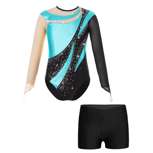 iiniim Mädchen Turnanzug Glitzer Langarm Ballettanzug Patchwork Gymnastik Leotard Tanzbody mit Shorts Ballett Trikot Wettbewerb Tanzkostüm B Türkis&Schwarz A 134-140 von iiniim