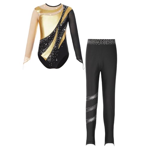 iiniim Mädchen Turnanzug Glitzer Langarm Gymnastikanzug mit Hose Gymnastik Leotard Trikotanzug Ballett Tanzbody Wettbewerb Tanzkostüm H Gold 134-140 von iiniim