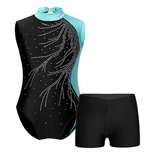 iiniim Mädchen Turnanzug Gymnastikanzug Glitzer Ballettanzug mit Strass Kinder Gymnastik Trikot Tanzbody mit Shorts Sport Trainingsanzug B Grün 134-140 von iiniim