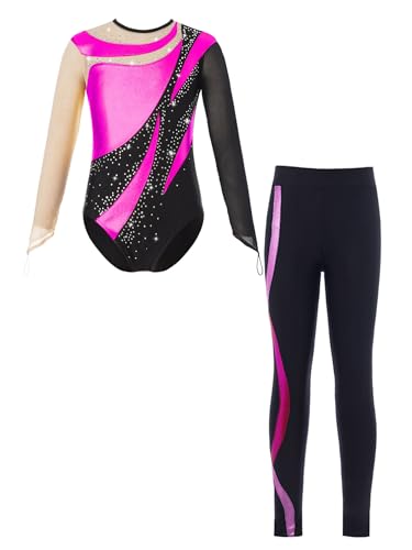 iiniim Mädchen Turnanzug Langarm Gymnastikanzug mit Hose Ballett Trikot Glänzend Gymnastik Leotard Trikotanzug Wettbewerb Tanzkostüm Ca Dunkel Rosa B 122-128 von iiniim